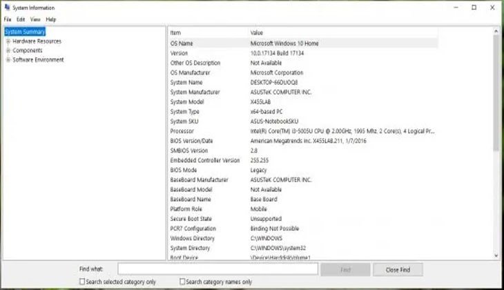 Cửa sổ System Information hiển thị đầy đủ thông tin phần cứng và phần mềm của laptop Win 10.