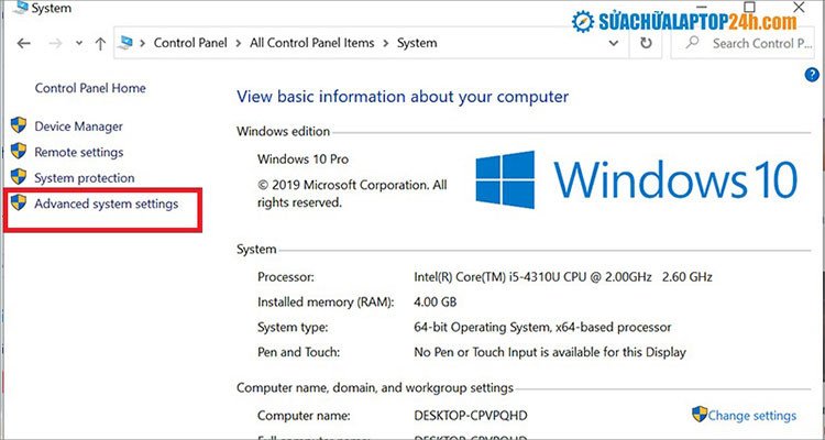 Cửa sổ System Properties, truy cập cài đặt Advanced system settings
