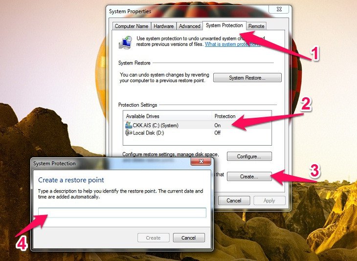 Cửa sổ System Protection trong cài đặt Windows, nơi người dùng có thể tạo Restore Point