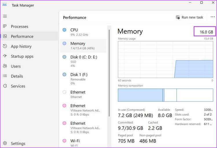Cửa sổ Task Manager với mục Memory được chọn, hiển thị thông tin RAM