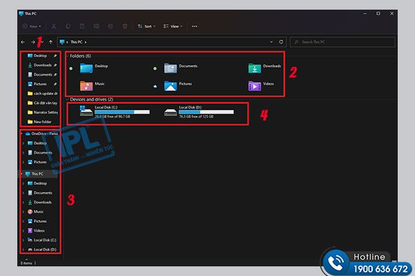 Cửa sổ This PC trên laptop Windows 11, hiển thị các ổ đĩa và dung lượng khả dụng.