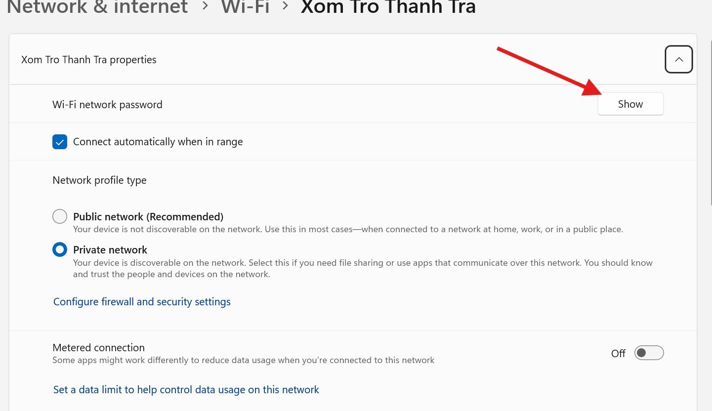 Cửa sổ thông tin mạng không dây với tùy chọn xem mật khẩu Wi-Fi đã kết nối