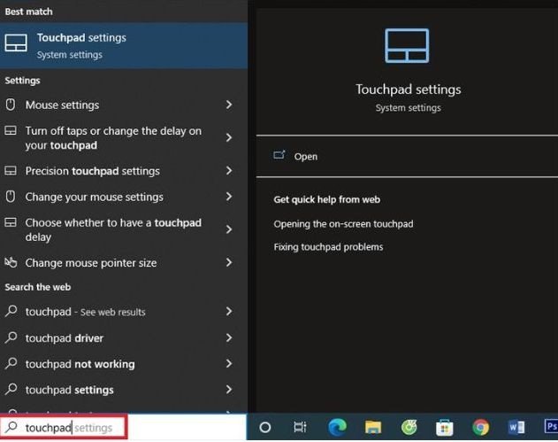 Cửa sổ tìm kiếm cài đặt Touchpad trên Windows 10/11
