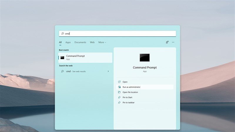 Cửa sổ tìm kiếm Command Prompt trên Windows, hiển thị tùy chọn Run as administrator