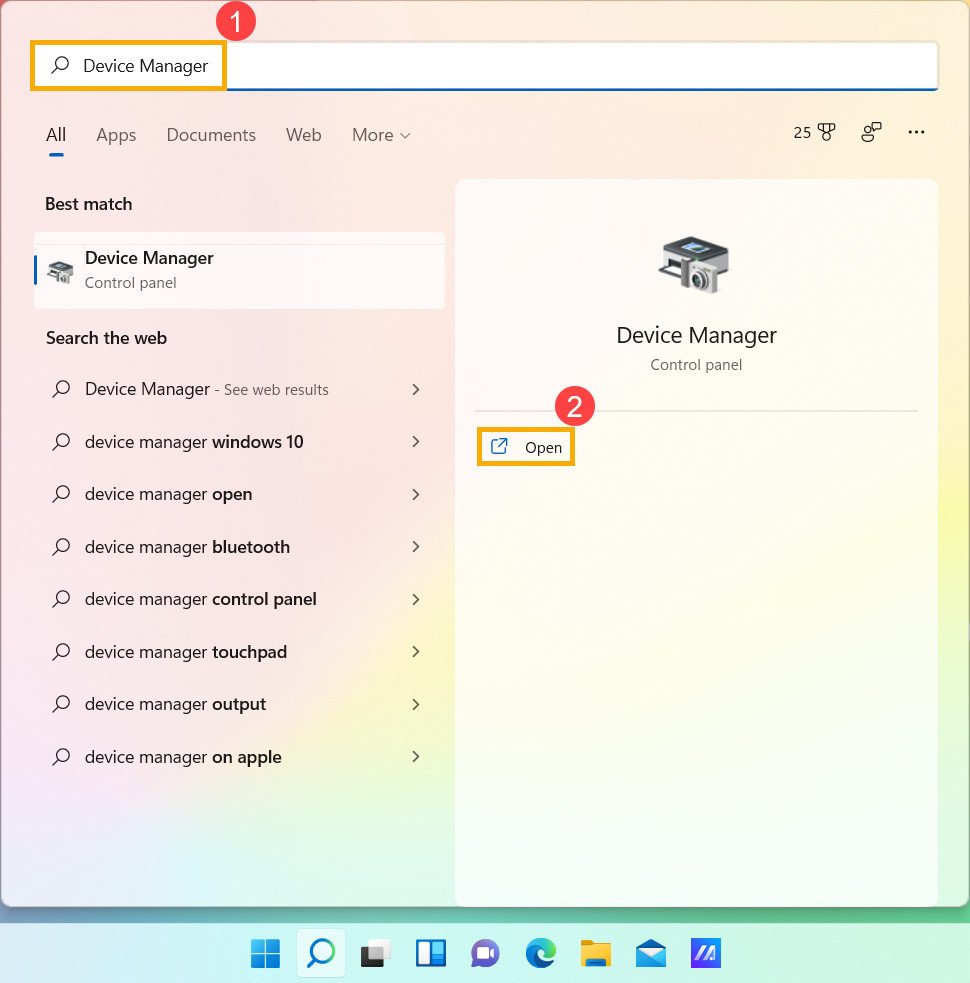 Cửa sổ tìm kiếm Device Manager trên Windows 11 để quản lý thiết bị cảm ứng
