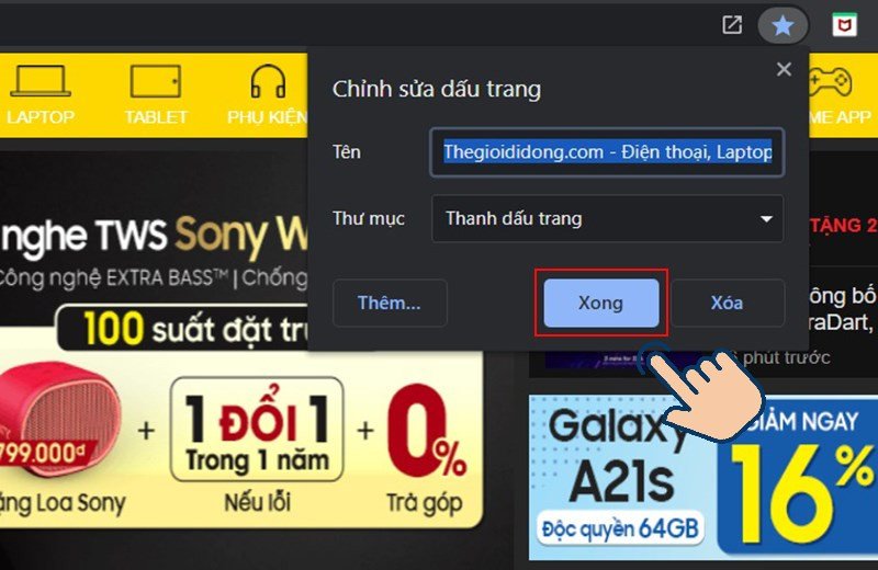 Cửa sổ tùy chỉnh tên và thư mục cho dấu trang mới trên Chrome