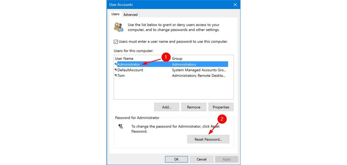 Cửa sổ User Accounts của Netplwiz để đổi mật khẩu laptop Dell