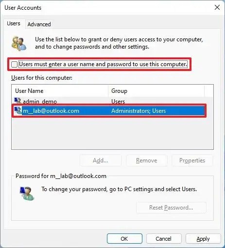 Cửa sổ User Accounts để tắt yêu cầu mật khẩu đăng nhập Windows 11