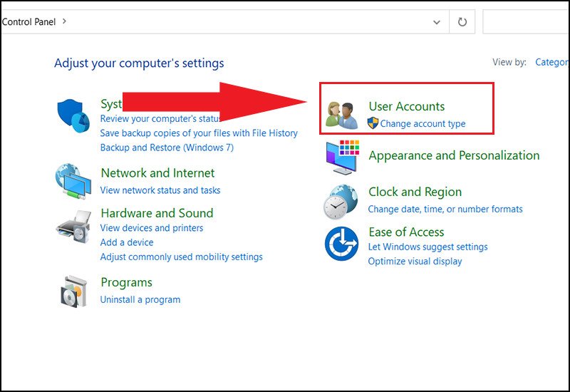 Cửa sổ User Accounts trong Control Panel, nơi người dùng có thể quản lý tài khoản và đặt lại mật khẩu laptop
