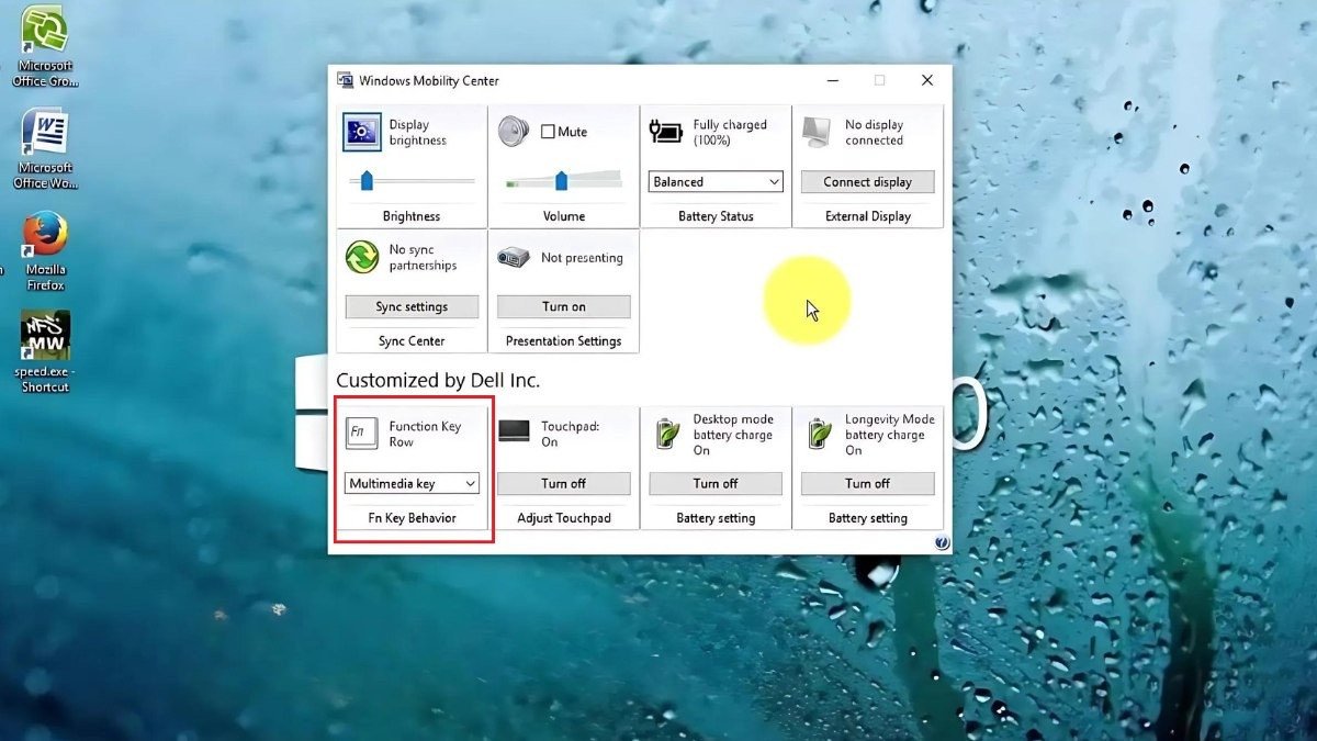 Cửa sổ Windows Mobility Center hiển thị tùy chọn Fn Key Behavior, cho phép người dùng điều chỉnh chức năng của các phím F1-F12.