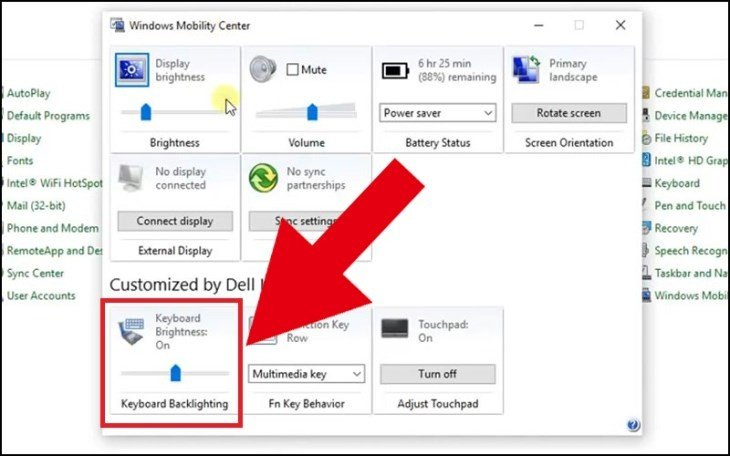 Cửa sổ Windows Mobility Center với thanh trượt điều chỉnh độ sáng bàn phím