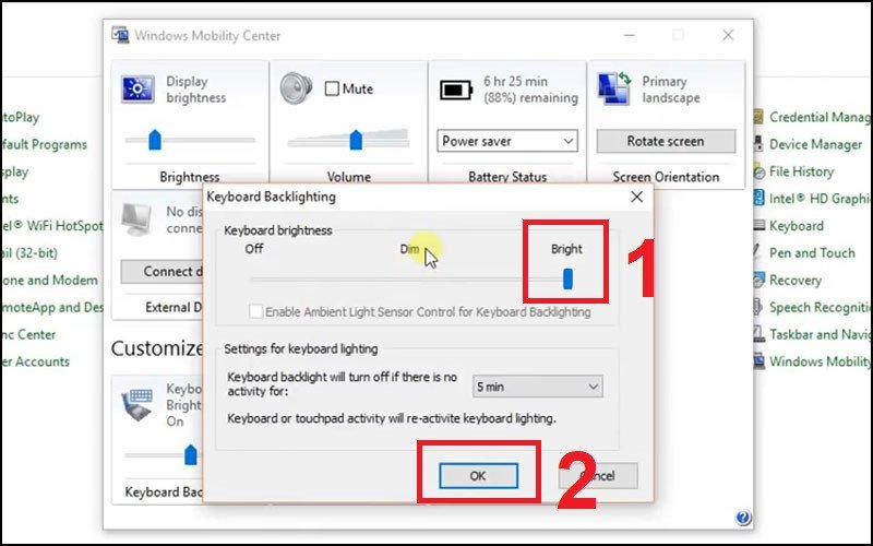 Cửa sổ Windows Mobility Center với tùy chọn điều chỉnh đèn nền bàn phím