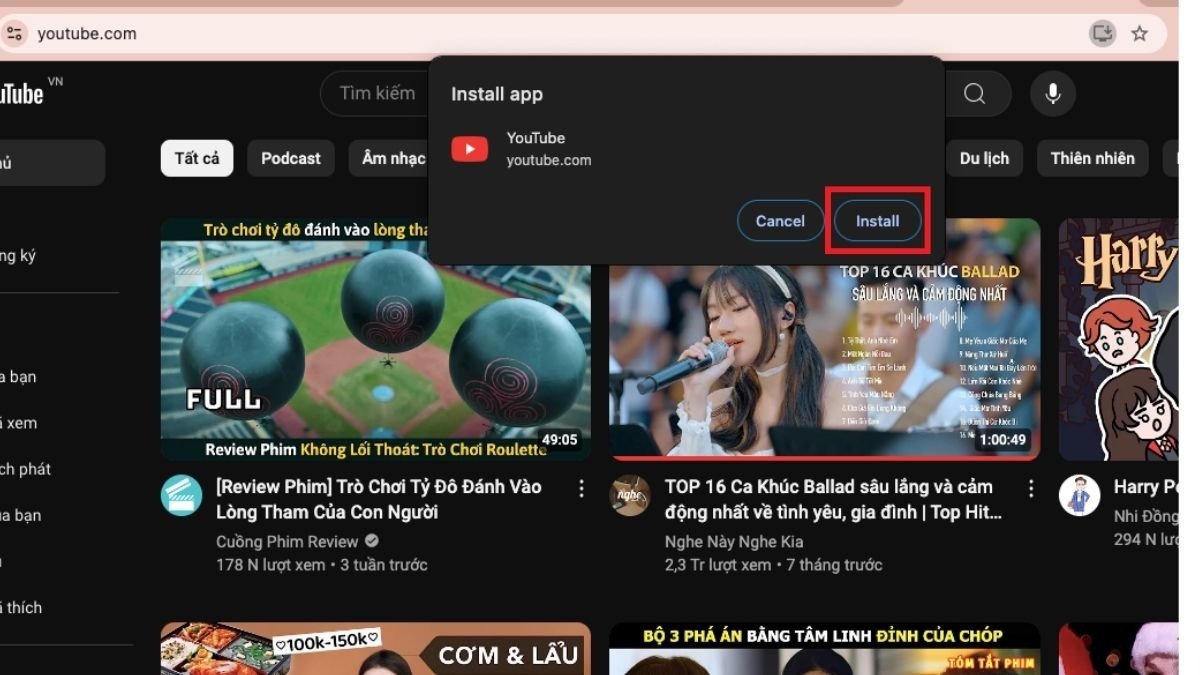 Cửa sổ xác nhận cài đặt ứng dụng Youtube cho laptop với nút "Cài đặt"