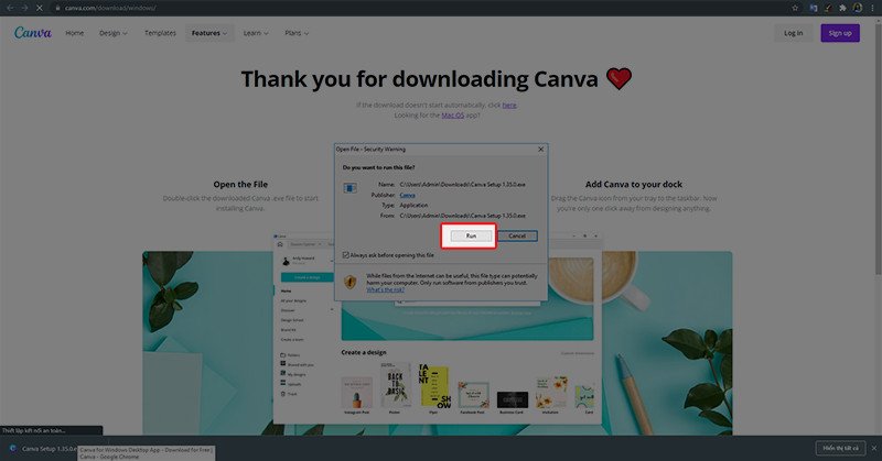 Cửa sổ xác nhận chạy file cài đặt Canva trên laptop