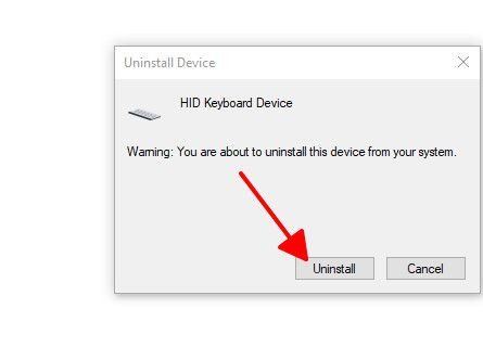 Cửa sổ xác nhận gỡ cài đặt thiết bị bàn phím trên laptop Dell.
