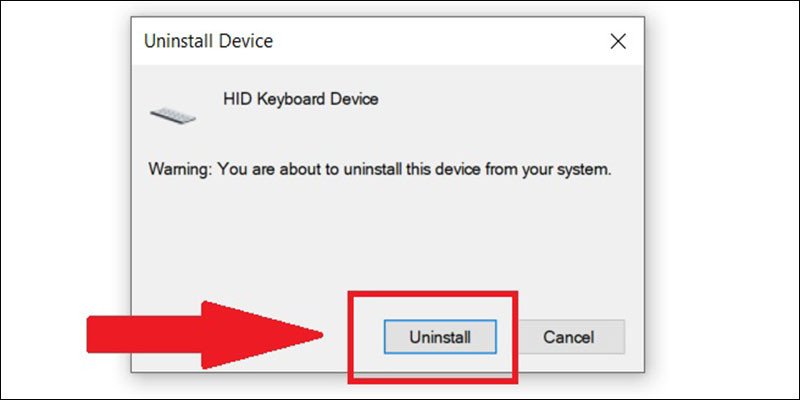 Cửa sổ xác nhận gỡ cài đặt thiết bị, nhấn "Uninstall" để hoàn tất việc vô hiệu hóa bàn phím.