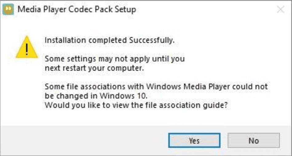Cửa sổ xác nhận sau khi cài đặt Media Player Codec Pack, người dùng chọn No để không chạy ứng dụng