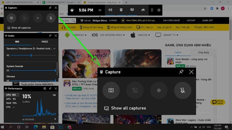 Cửa sổ Xbox Game Bar hiển thị sau khi nhấn Windows + G để bắt đầu ghi video màn hình laptop