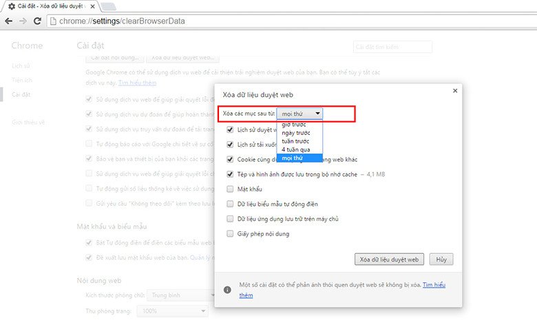 Cửa sổ "Xóa dữ liệu duyệt web" trên Chrome với các tùy chọn khoảng thời gian để người dùng lựa chọn xóa lịch sử tìm kiếm.