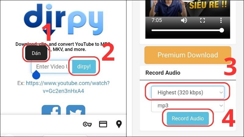 Dán liên kết và nhấn Record Audio trên Dirpy để tải nhạc YouTube