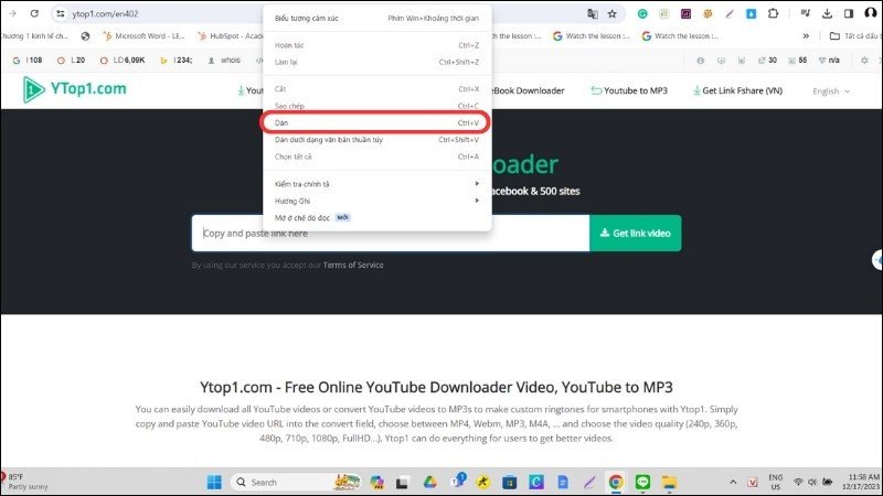 Dán liên kết video vào thanh tìm kiếm của Ytop1.com