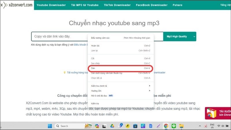 Dán liên kết video vào X2convert.com trên máy tính