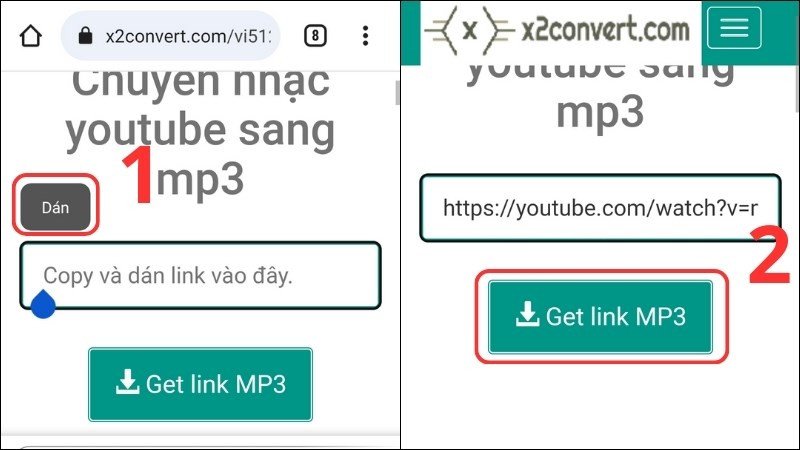 Dán liên kết video vào X2convert.com và nhấn Get link MP3