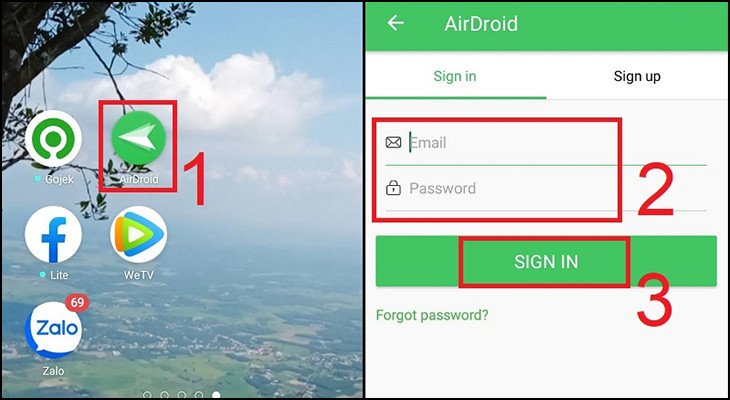 đăng nhập AirDroid trên điện thoại để thiết lập kết nối