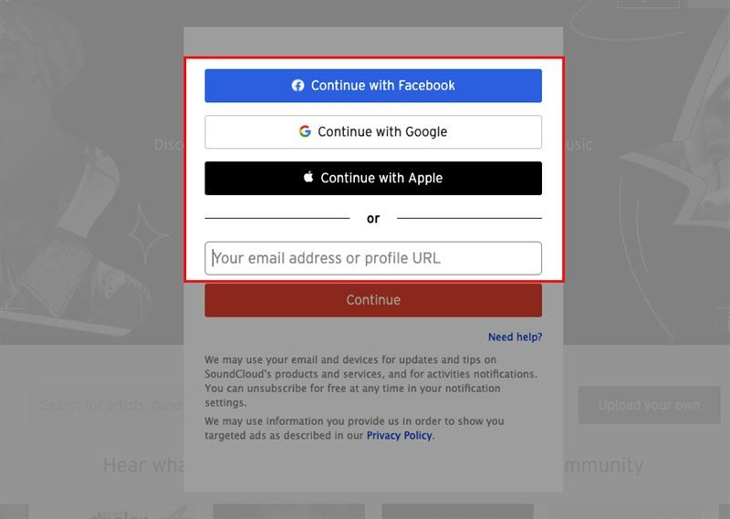 Đăng nhập tài khoản SoundCloud để tải nhạc