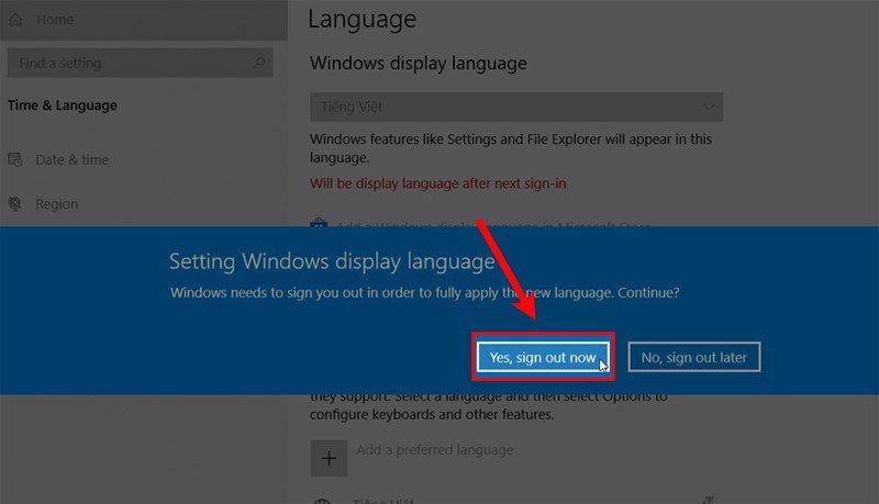 Đăng xuất để hoàn tất quá trình chuyển đổi ngôn ngữ trên laptop