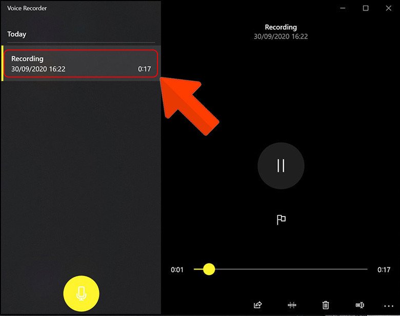 Danh sách bản ghi âm đã lưu trên ứng dụng Voice Recorder
