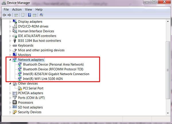 danh sách bộ điều hợp mạng khi laptop không nhận card wifi