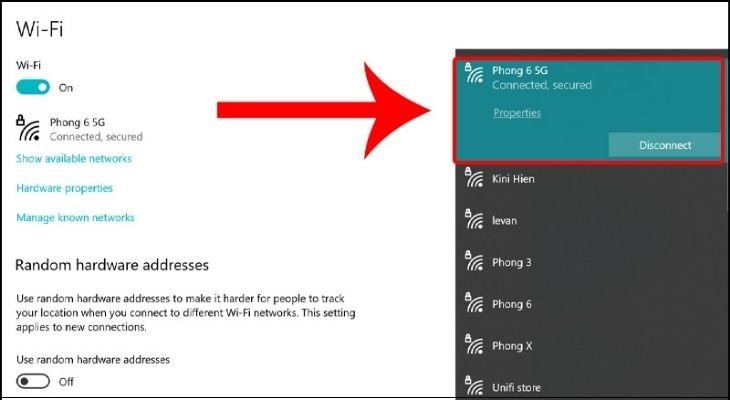 Danh sách các mạng Wi-Fi khả dụng được hiển thị sau khi khắc phục sự cố mạng