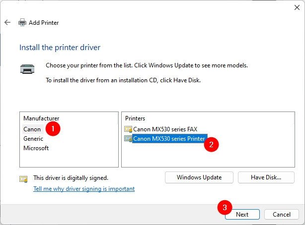 Danh sách các nhà sản xuất máy in và kiểu máy đã tích hợp driver sẵn trong Windows.