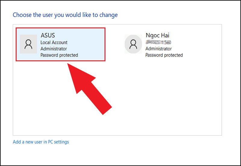 Danh sách các tài khoản người dùng trên laptop, chọn tài khoản cần thay đổi mật khẩu