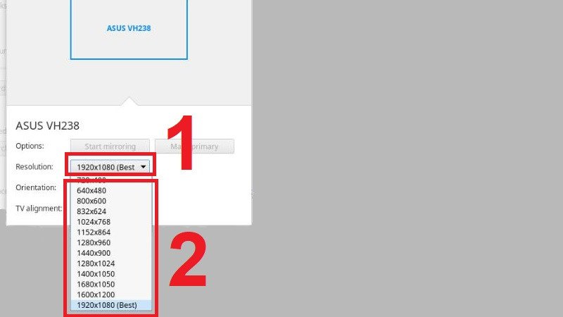 Danh sách các tùy chọn độ phân giải trong cài đặt Chromebook để người dùng thay đổi cho màn hình laptop.
