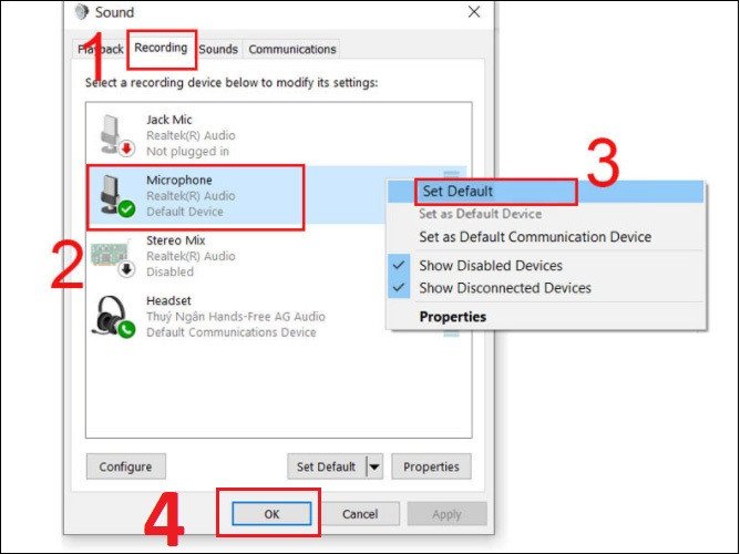 Đặt micro làm thiết bị ghi âm mặc định trong cài đặt Sound trên laptop Lenovo