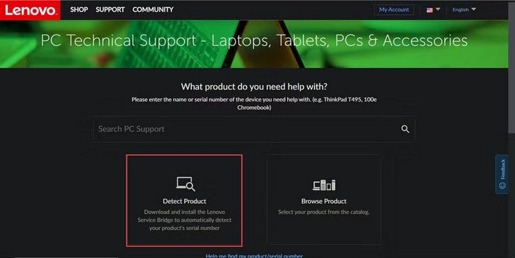 Detect Product trên trang hỗ trợ của Lenovo để kiểm tra đời máy