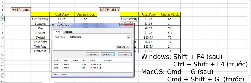Di chuyển giữa các kết quả tìm kiếm trong Excel bằng phím F4