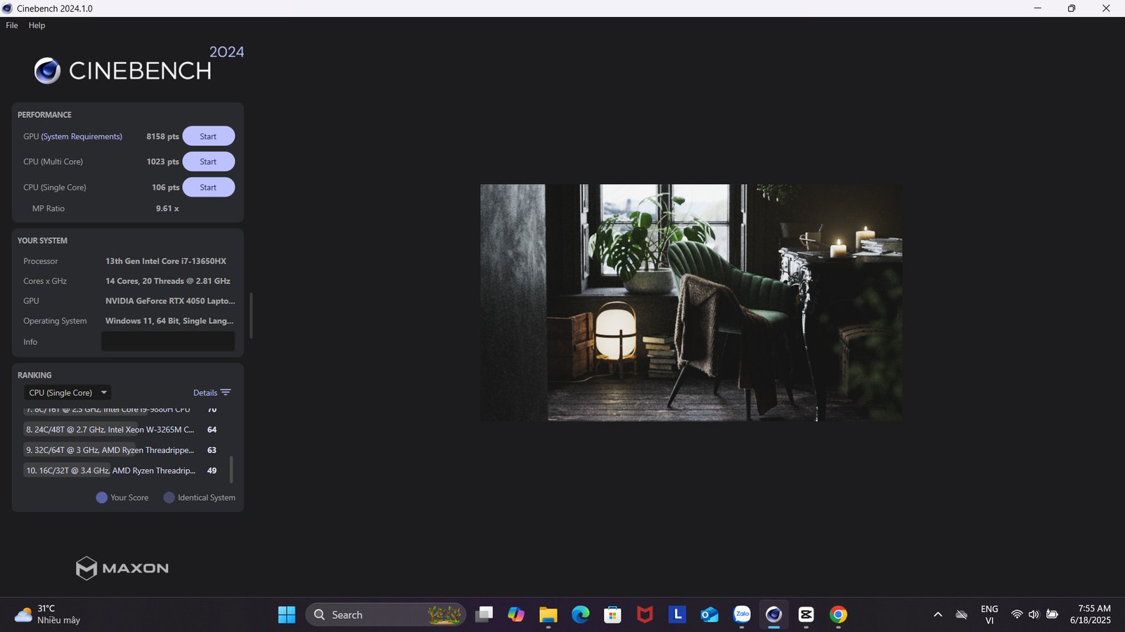 Điểm Cinnebench 2024 ấn tượng trên laptop Lenovo LOQ 15IRX9 83DV017HVN