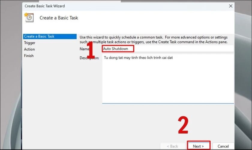 Điền tên và mô tả cho tác vụ hẹn giờ tắt máy tính trong Task Scheduler