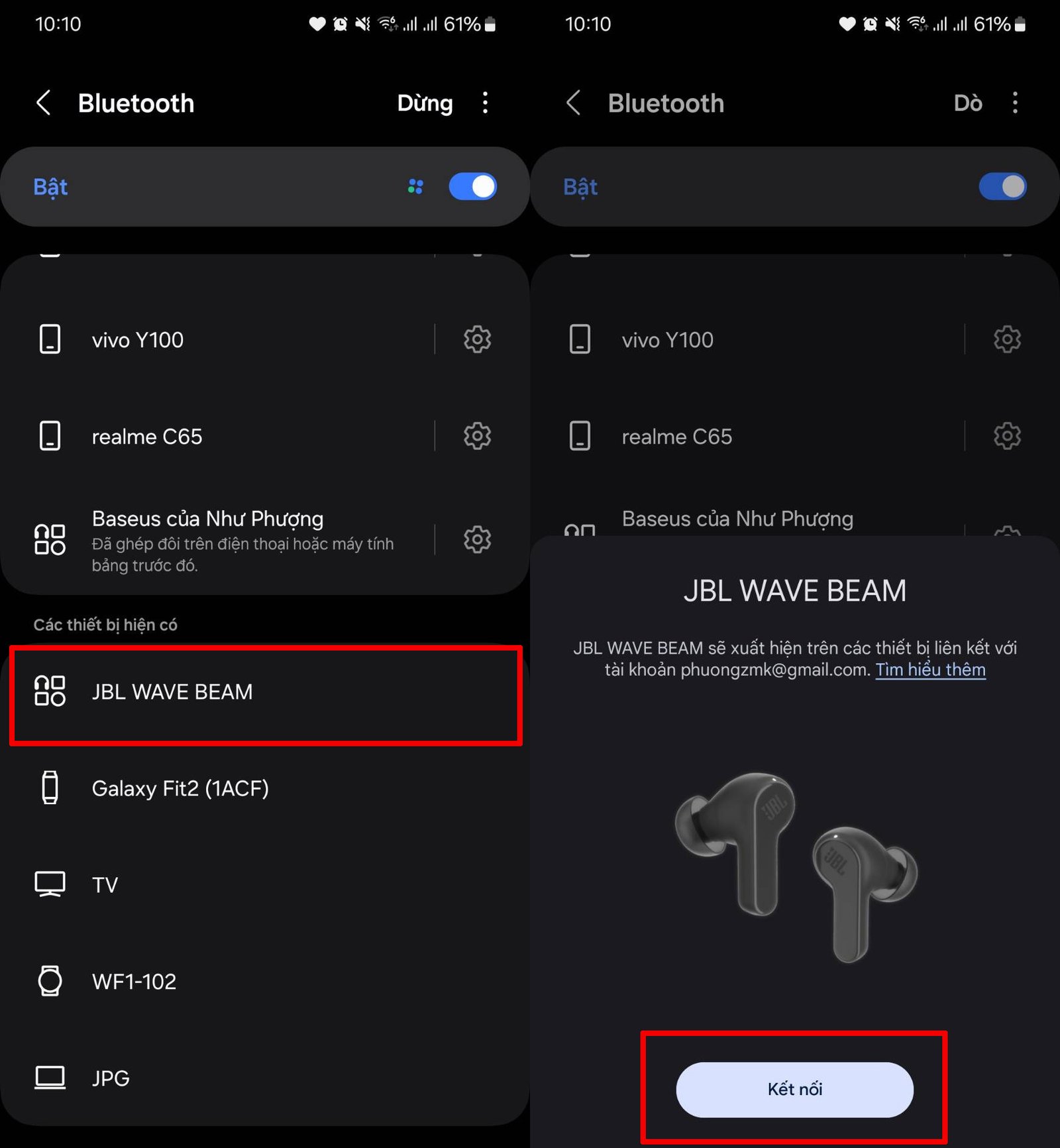 Điện thoại hiển thị danh sách thiết bị Bluetooth và tên tai nghe JBL