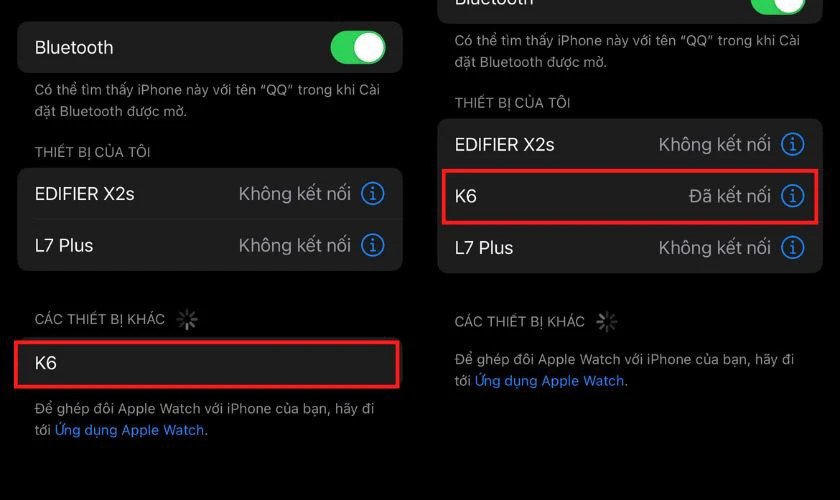 Điện thoại iPhone hiển thị danh sách thiết bị Bluetooth đã ghép nối, sẵn sàng để kết nối với loa mini