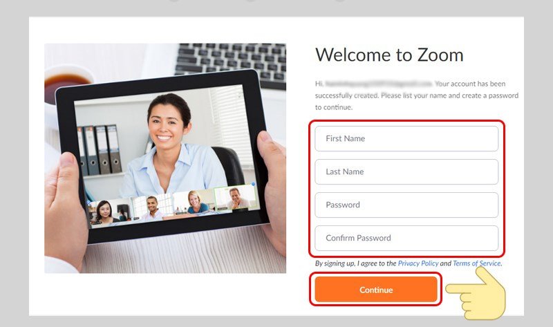 Điền thông tin cá nhân và mật khẩu để hoàn tất đăng ký Zoom