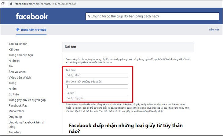 Điền thông tin và tải giấy tờ tùy thân để đổi tên Facebook hợp pháp