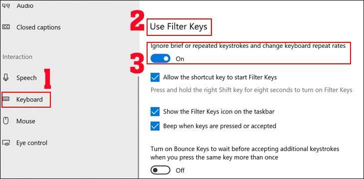 Điều chỉnh cài đặt Filter Keys trong Windows để khắc phục lỗi nhảy chữ trên laptop