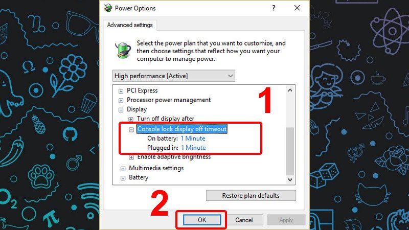 Điều chỉnh Console lock display off timeout trong cài đặt năng lượng nâng cao