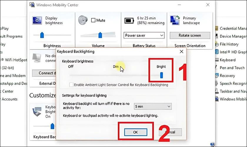 Điều chỉnh độ sáng của đèn nền bàn phím laptop Asus Vivobook 15 qua thanh Brightness
