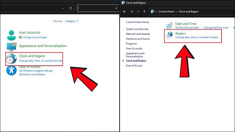 Điều hướng đến Clock and Region rồi chọn Region trong Control Panel