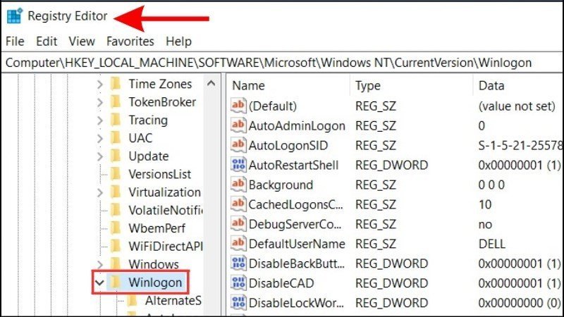 Điều hướng đến thư mục Winlogon trong Registry Editor
